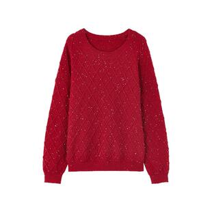 秋水伊人红色毛衣女针织衫2025冬季新款新年穿搭软糯亮片流行上衣