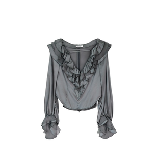 AS DALIO设计师款真丝多重荷叶边花边大V领上衣原创性感女士衬衫