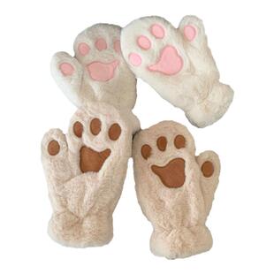 细细条 卡通可爱猫爪熊爪毛绒手套女冬天骑车防寒挂脖连指手套ins