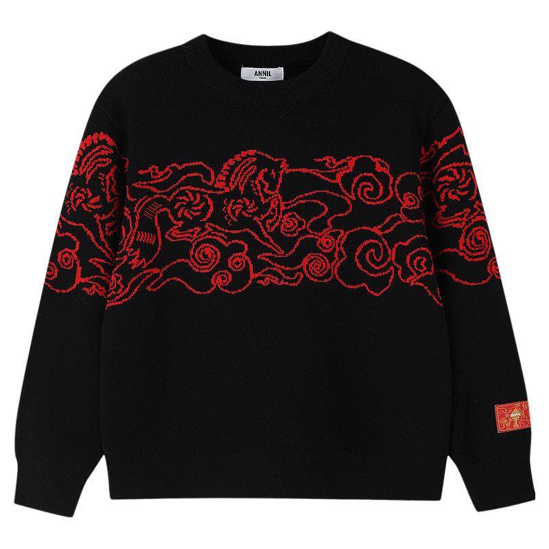安奈儿童装男童圆领长袖毛衣针织衫2026春新年款纯棉提花剪纸保暖
