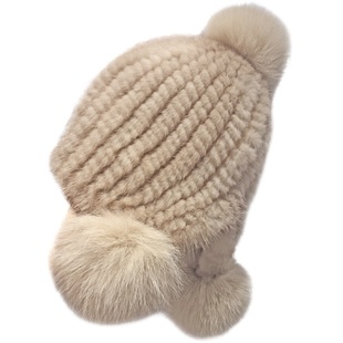 贵族琼斯 冬季保暖护耳水貂毛编织皮草帽子 毛线女帽狐狸毛大球球