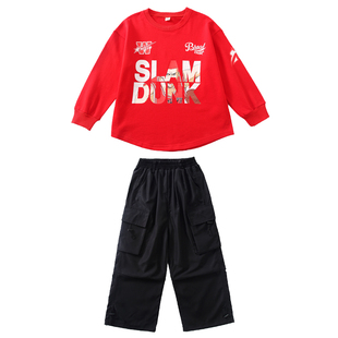 红色街舞上衣男童卫衣套装酷帅宽松儿童嘻哈演出服女童爵士舞服装