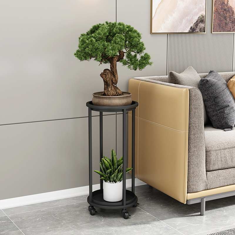 阳台落地式圆形铁艺花架鱼缸架 花盆架带轮可移动两层多层置物架