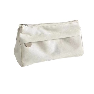 文具工坊简约米白色帆布笔袋拉链收纳袋学生文具盒小熊挂件装饰