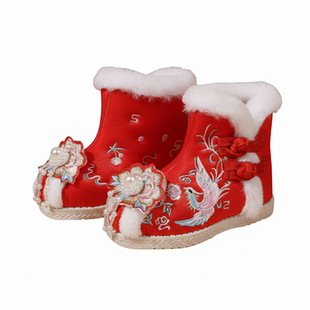 儿童汉服鞋子女童冬季加绒绣花鞋马面裙国风棉鞋古风拜年虎头短靴