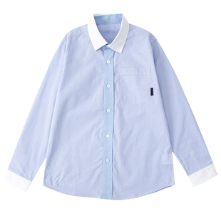 伊顿校服工厂直销蓝白条长袖衬衫男女款条纹学院风翻领单排扣纯棉