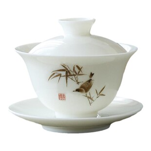 110ml白瓷三才盖碗单个功夫茶具泡茶碗泡茶杯花鸟图案羊脂玉薄胎
