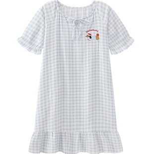 日系腊肠狗睡裙女夏季纯棉棉纱新款可爱少女中长裙睡衣夏天家居服