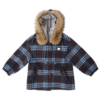 【年货狂欢季】4MILE 蓝格纹毛领连帽短大衣宽松保暖毛呢外套