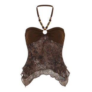 Amyway【中古辣妹】复古美式挂脖暗纹印花V领背心不规则下摆吊带