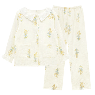 女士睡衣贴身睡觉穿纯棉布料100全棉加厚双层纱春秋款长袖家居服