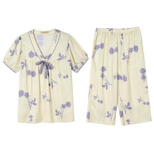 秋鹿仿真丝睡衣夏季女款2023新款短袖七分裤南韩丝家居服女春夏薄