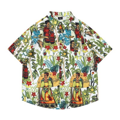 TRAVEL ISLAND 泰里泰气 复古泰式人物画像花卉满印沙滩短袖衬衫