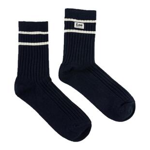 Lee韩国设计25秋冬新品舒适版织标Logo透气吸汗藏青色女中筒袜潮
