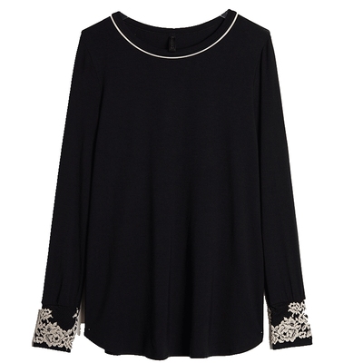 女士花卉时尚圆领撞色基础长袖衫