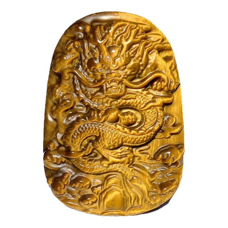 天然黄虎石龙牌吊坠虎睛石方牌