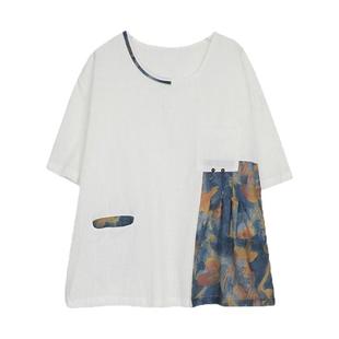 胖MM拼接撞色棉麻打底小衫女妈妈装夏季新款宽松显瘦短袖T恤上衣