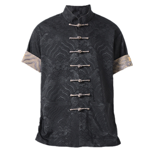 夏季新中式唐装男中国风绸缎短袖衬衫复古风盘扣立领中山装衬衣潮