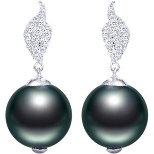 黛米珠宝 涵叶 海水大溪地黑珍珠耳钉耳环女S925银长耳饰-配证书