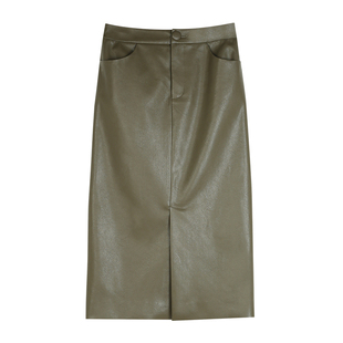 BLUEerror 宽松高腰开叉pu皮裙半身裙女休闲长款直筒裙长裙秋冬