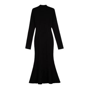 MULVAN针织连衣裙女秋冬气质鱼尾裙半高领内搭显瘦裙子长短款