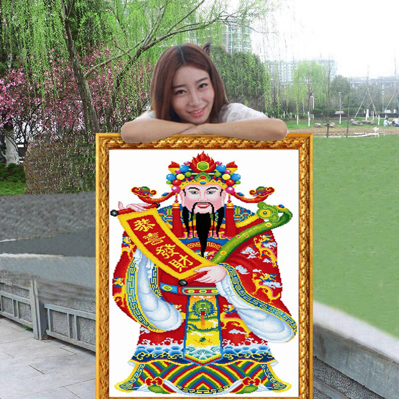 财神爷生意兴隆2025新款手工刺绣十字绣线绣客厅竖版玄关财源广进