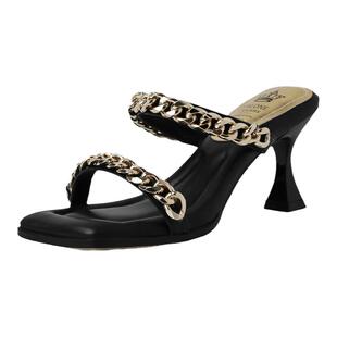 欧美风金属链条一字带细高跟拖鞋女夏外穿踩屎感方头粗跟时装凉鞋