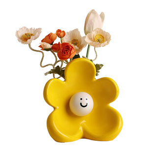 创意可爱笑脸陶瓷小花瓶客厅插花水培设计感小众花器摆件生日礼物