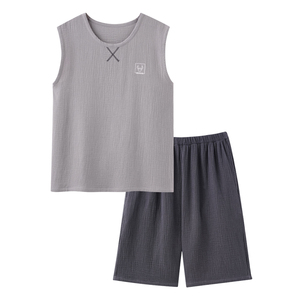 夏季纯棉纱布男士家居服套装透气