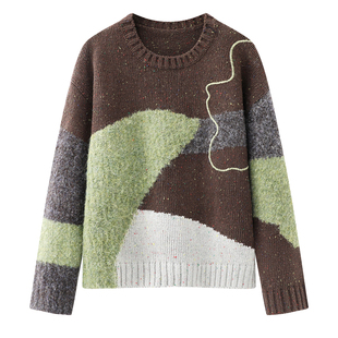 艾格2025冬季新款拼接撞色设计感圆领毛衣女套头针织衫小个子上衣