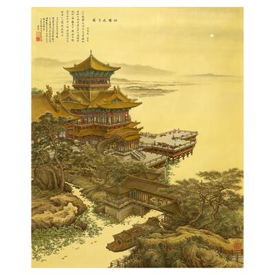 张孝友江楼夜月新中式客厅玄关水彩挂画真迹高清微喷绢布复制品
