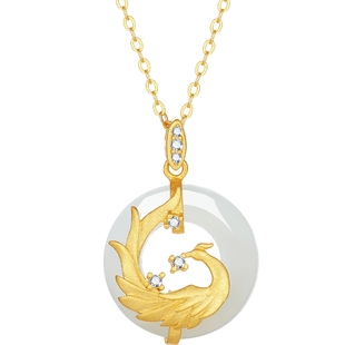 六桂福凤凰吊坠S925纯银黄金色玉石平安扣挂坠项链情人节新年礼物