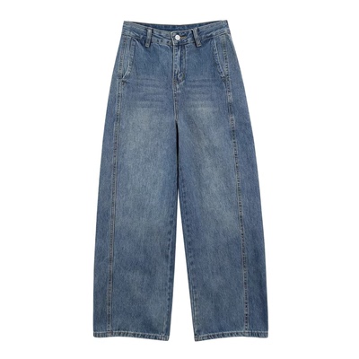 145小个子高腰复古蓝直筒牛仔裤女秋冬加绒宽松显瘦八分阔腿裤xxs