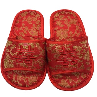 港版婚庆用品结婚婚礼喜庆双喜拖鞋一对刺绣红色新娘新郎上头用品