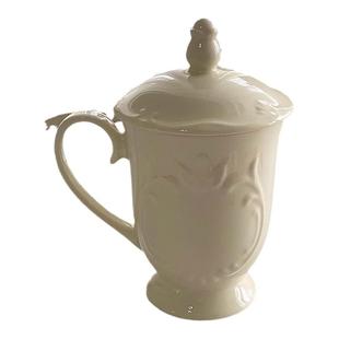 安木良品 外贸原单 法式中古老货奶油黄精致浮雕陶瓷带盖杯大茶壶