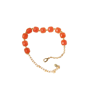 天然保山料南红玛瑙冰红纯银镶嵌方糖手链 女款南红925银手串饰品