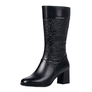 2025秋冬季靴子女靴压花全牛皮时尚高跟鞋马丁靴真皮中筒靴女粗跟