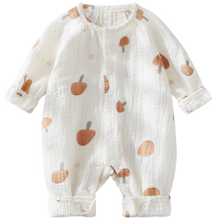 婴儿纯棉夏季长袖纱布连体衣满月宝宝睡衣男孩衣服女孩棉纱空调服