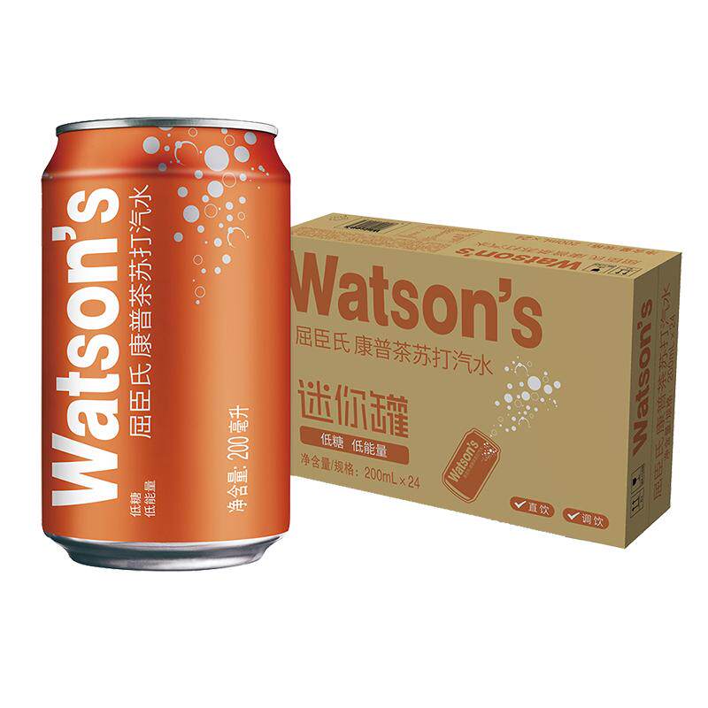 屈臣氏康普茶苏打水迷你罐200ml*24罐碳酸饮料气泡水调酒调饮小罐