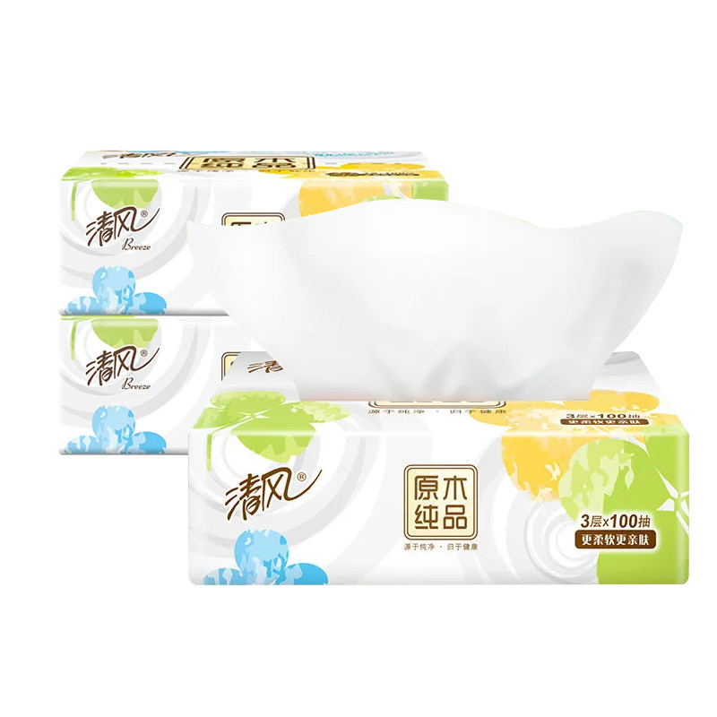 清风4层加厚原木纯品抽纸