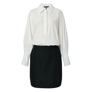 BCBG25秋季新款经典百搭花苞袖衬衫拼接粗花呢下摆女士连衣裙短款