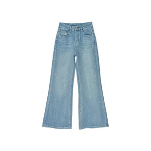 璀璨星河！~浅蓝色烫钻牛仔裤女2026新款高腰弹力宽松微喇叭裤子