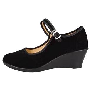 北京老布鞋中老年坡跟平绒女鞋酒店高跟工作鞋防滑软底妈妈舞蹈鞋