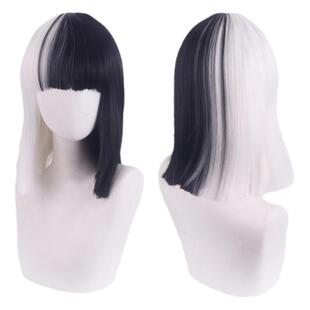 cos假发 101忠狗 Cruella de Vil 库伊拉 黑白魔女拼色波浪卷发