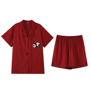 红色结婚新婚冰丝情侣睡衣女夏季喜庆新款家居服男熊猫本命年套装