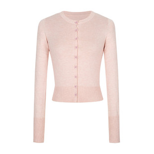 MosesQueen魔西女王粉色针织开衫女春秋修身显瘦短款毛衣外套上衣