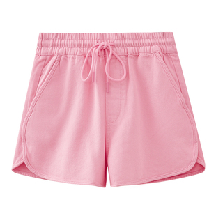 水云间户外穿搭粉色运动短裤子女松紧腰热裤宽松纯棉多巴胺2025夏