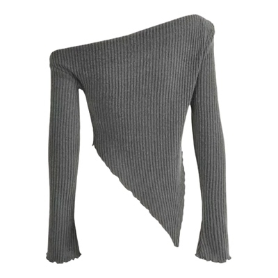 春季气质斜领不规则下摆针织上衣