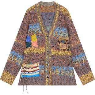 妖精的口袋复古撞色宽松厚毛衣外套女2025年冬新款绵羊毛新年穿搭