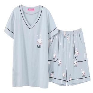 加大码睡衣女夏薄款纯棉卡通兔兔胖mm套装V领加肥甜美200斤家居服